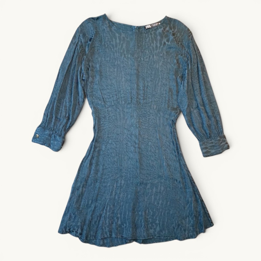 Zara Teal Jacquard Leopard Print Long Sleeve Fit and Flare Mini Dress S